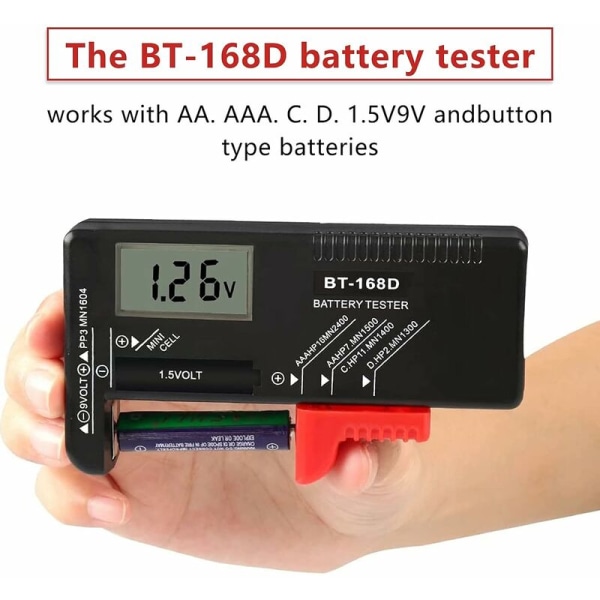 Digital batteritestare, universal batteritestare, batteritestare, för AA, AAA, C, D, PP3, 9V, 1,5V, knappcellsbatterier - Fungerar utan batterier