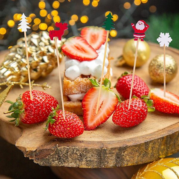 50/100 st jul fruktmatpinnar tomten snöflinga snögubbe cocktail tandpetare cupcake topp dekoration för julfest (100 st, stil A)