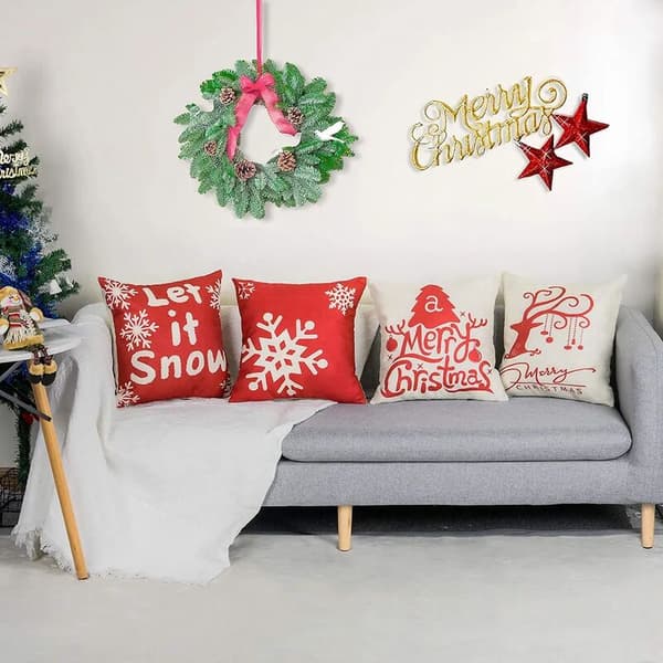 4-pack dekorativa kuddfodral med julmotiv - Vinterflingor, älg, julgran - 45 x 45 cm