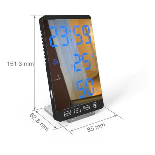 LED-spegelklocka, termometer och hygrometer, elektronisk väderklocka, väckarklocka, djärva röda bokstäver