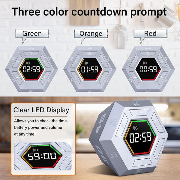 Smart studie nedräkningstimer för barn, visuell timer för barn, magnetisk produktivitetstimer, LED stor display digital kökstimer för matlagningstimer (silver)