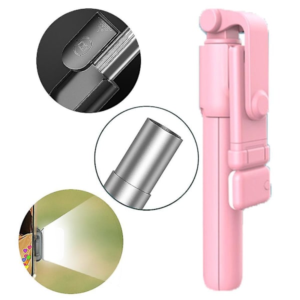 Selfiepinne, bärbar aluminiumlegering selfie stativ med ljus, med tandfjärrkontroll - 0,7m-26（rosa）