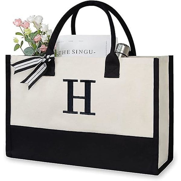 Personalisert Initial Lerret Strandveske, Monogrammert Gave Tote Bag For Kvinner