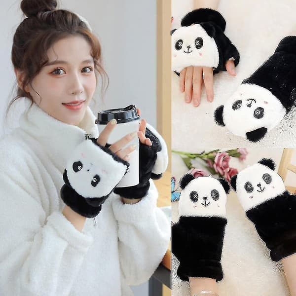 Plush Panda Vantar med Vändbar Halvfinger Djurvantar Elastiska Vantar
