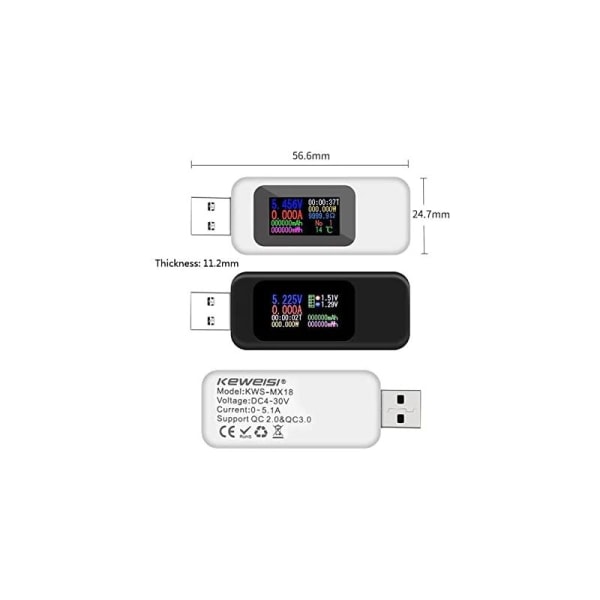 USB-testare Laddare Detektor Triumph LCD-display USB-testare Laddare Detektor Digital Voltmeter Ammeter Spänningsmätare DC4-30V(Vit)
