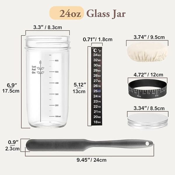 Surdejsstarter-sæt i glas, 730 ml, glas med bred åbning, beholder til surdejsstarter, tilberedning af surdejsbrød.