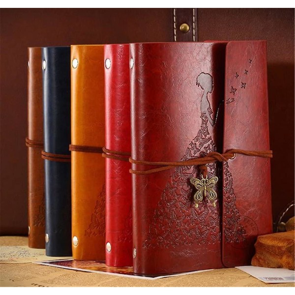 Retro Fjäril och Prinsessa Läder Notebook Skrivande PU Omslag Ringpärm (Brun)