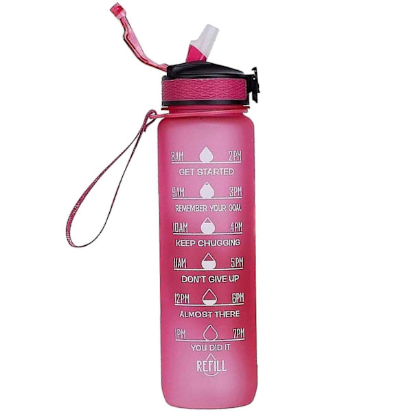 1000 ml Vattenflaska med Dricktider och Sugrör, Motiverande Vattenflaskor med Bärrem, Läckagesäker BPA-Fri Utomhus-26 (Rosa)