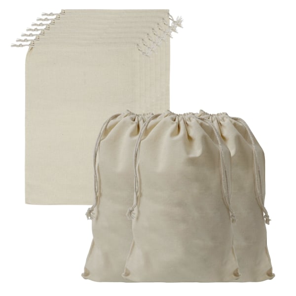 Förvaringspåsar av bomullsmuslinprodukter med dragsko (10-pack) - L30 X B20 cm / 12 X 8 tum - Återanvändbar, biologiskt nedbrytbar