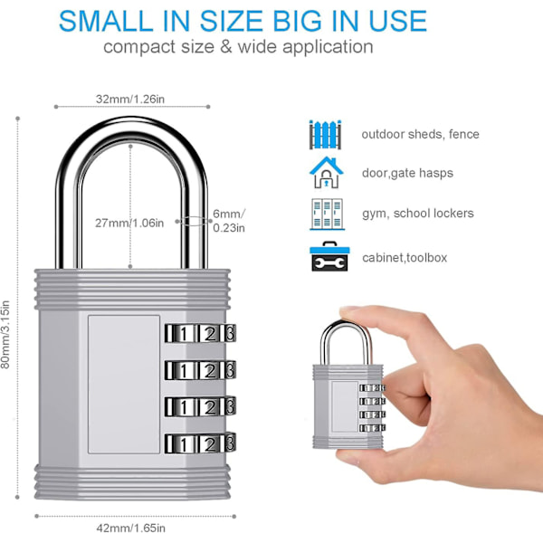 Kombinationsslås til Skab, 4-cifret Kombinationslås til Fitnesscenter, Skole, Hæk, Værktøjskasse, Port (2-pak, Sølv)
