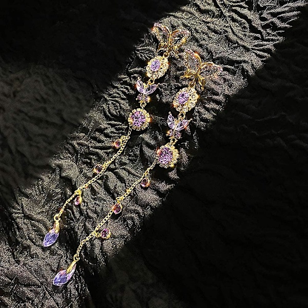 Lange frynser sommerfugl øredobber delikate sølv dråpe øredobber statement sjarm øredobb lilla rhinestones krystaller kroppssmykker for kvinner og jenter