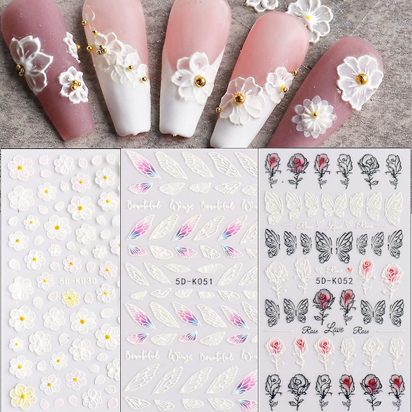 5D Utsökta Blommor Nagelkonst Dekaler Ros Fjärilar Kärlek Nageldekaler Alla hjärtans dag Nageltillbehör Dekorationer Fjäder Bröllop Design Nagelfolie Akryl