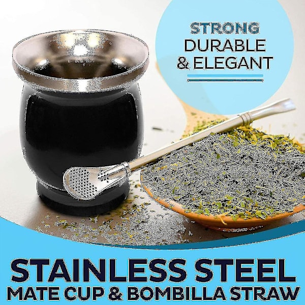 230 ml rostfritt stål Yerba Mate-kopp Dubbelväggig Yerba Mate-kalebass med rengöringsborste och en sked Termisk isolering Yerba Mate-tekopp Coff（SVART）