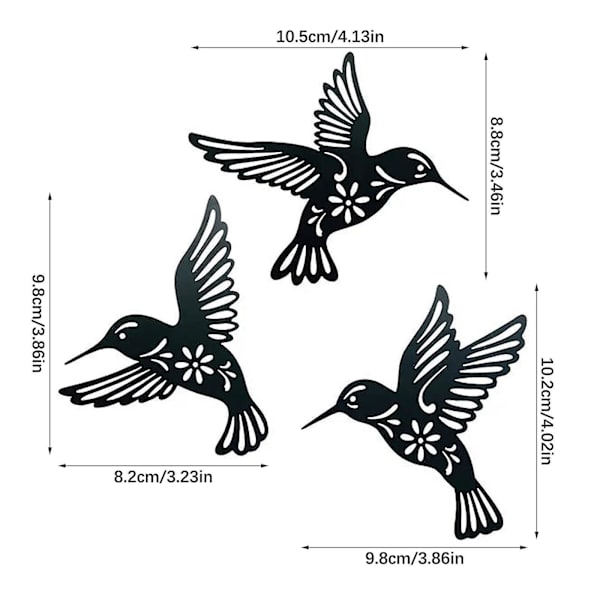Metall Hummingbird väggkonstdekor, 9 tums set av 3 svarta kortfattad dekoration Hängande för vardagsrum Sovrum Badrum Kök Uteplats Balkong Hus Inomhus