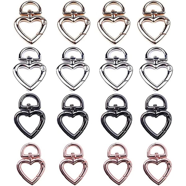Hjärtformad metallnyckelring för handväska (vit+svart+guld+rosa) 16 stycken
