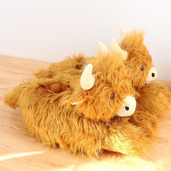 29cm Kawaii Simulering Highland Ko Slippers Kvinnor Vinter Varma Stängda Plysch Hem Nötkreatur Fluffy Päls Tofflor Present För Flickor Pojkar