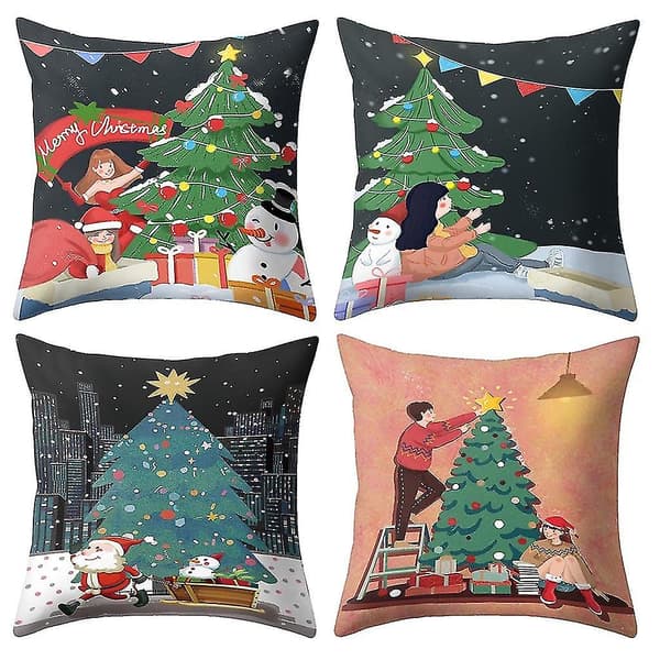 Jultryckt Kuddfodral Polyester Soffa Bil Kuddeöverdrag Heminredning 4st