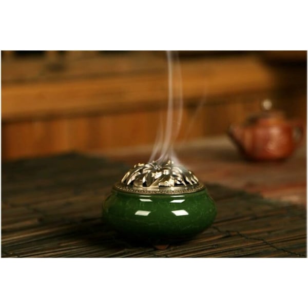 Keramisk rökelse brännare, klassisk stil rökelse brännare med mässing Calabash rökelsehållare och metall lock, dekorativt hemtillbehör(B)