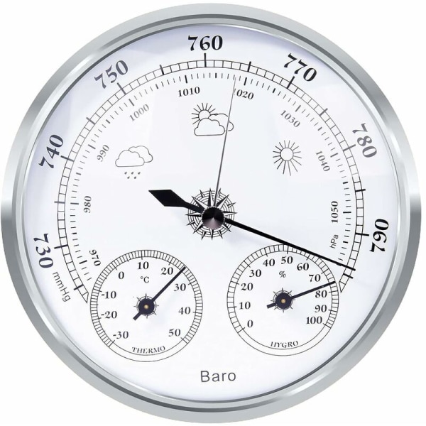 analog vejrstation - Analog vejrstation til indendørs og udendørs - Bestående af barometer, termometer og hygrometer（Sølv, 128mm）