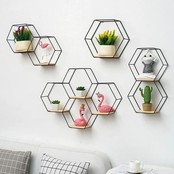 Multifunktionel nordisk stil jernvæghylde Geometrisk solid sekskantet hylde til hjemmet Sort M