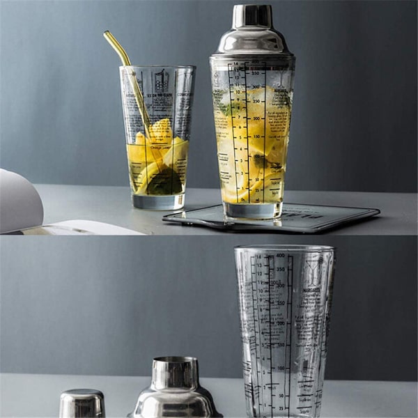 Cocktail Shaker 400 ml - Blandet Mixer i Glas og Rustfrit Stål Top Cobbler Shaker - Perfekt Gave til Begyndere