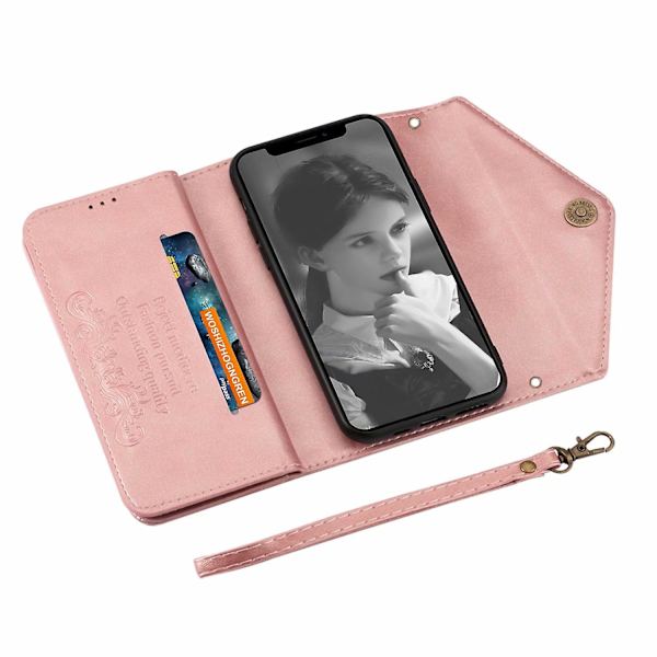 Fodral för iPhone 11pro 5,8 tum Läder Flip Fodral med Axelrem Dragkedja Plånbok Skyddande Fodral med Sladd PU LäderRose