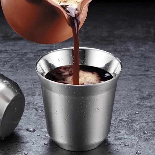 Set med 2 80 ml espressokoppar i rostfritt stål termokopp isolerade te-kaffekoppar dubbelväggig mockakopp med rostfritt stål underlägg