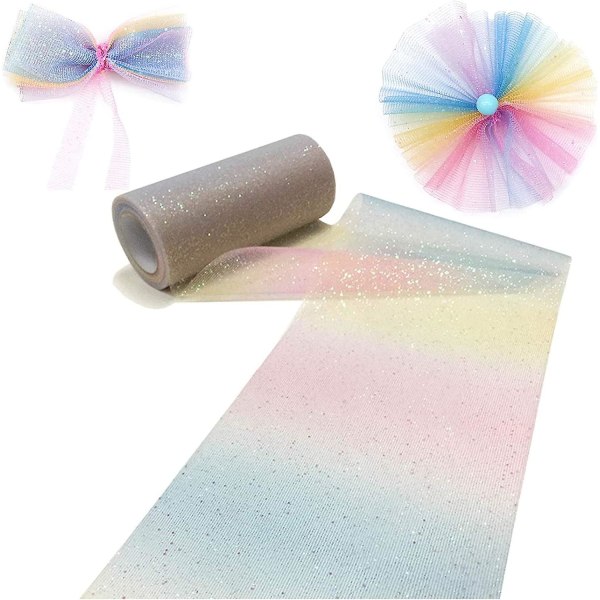 1 stycke Rainbow Ombre Glitter Tyll Roll Tyg Ribbon Tyg Band Roll (6 tum 10 yards), ljus färg