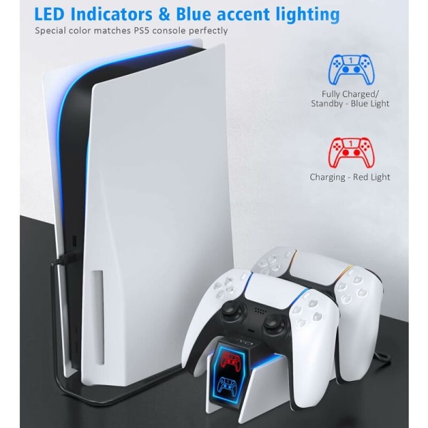 Controller-oplader, 2H Hurtiglader med 2 Typer af PS5 Controller-kabler, Controller Kompatibel Ladestation