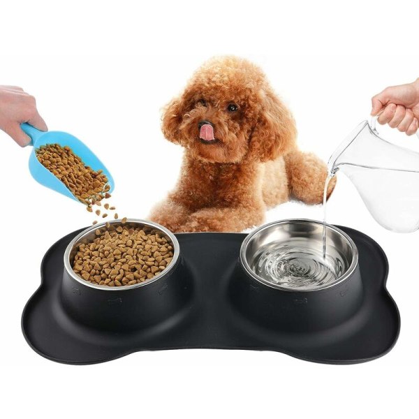 Katt- och hundskål, dubbelskiktad skål i rostfritt stål, halkfri bas, läckagesäker silikonmatta, stor?