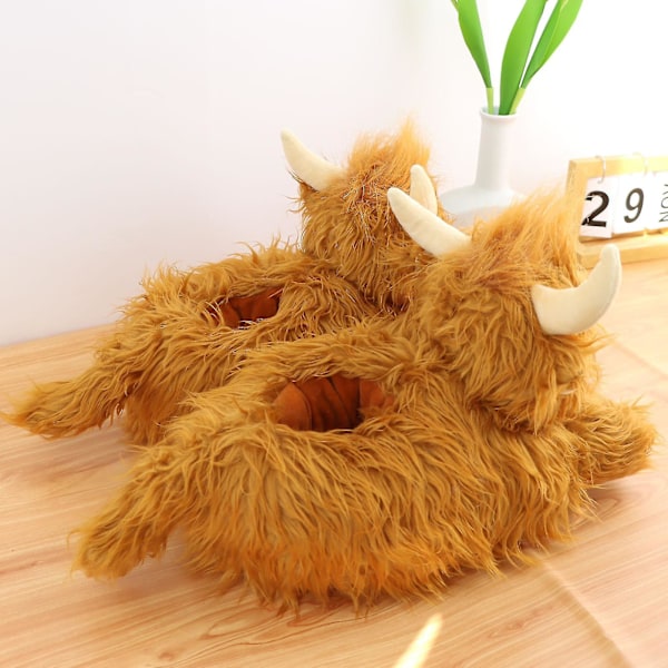 29cm Kawaii Simulering Highland Ko Slippers Kvinnor Vinter Varma Stängda Plysch Hem Nötkreatur Fluffy Päls Tofflor Present För Flickor Pojkar