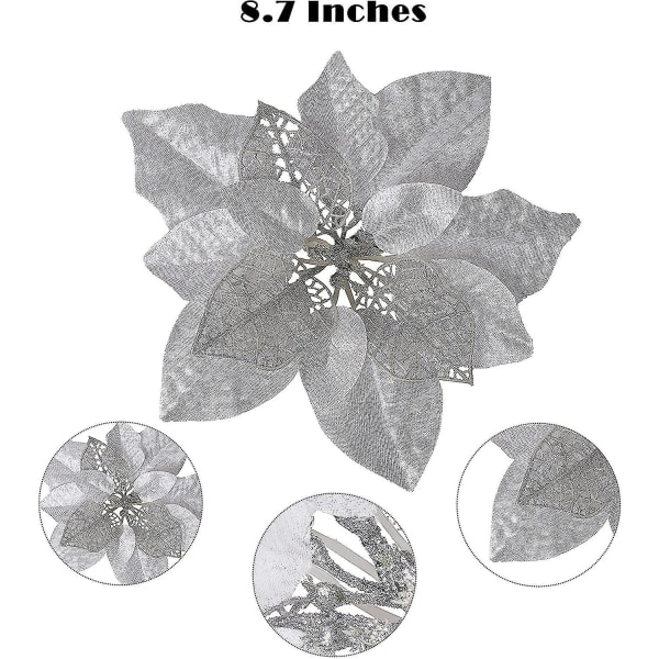 15 stycken julglitter konstgjorda julstjärna blommor, 8,7 tum konstgjorda bröllopsblommor dekorationer julgransprydnader（silver）