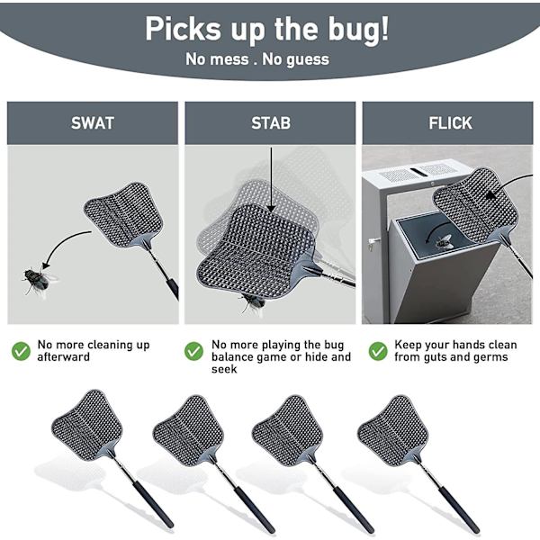 4-pack teleskopisk flugsmälla. Med handtag i rostfritt stål, lätt att bära i bilen (svart)