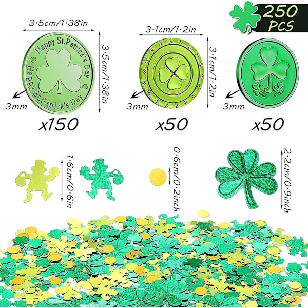 250 stycken St. Patrick's Day Shamrock-mynt 3-bladiga och 4-bladiga lyckomynt Gröna och plast St. Patrick Konfetti Grön bords konfetti för St. Patrick's Day