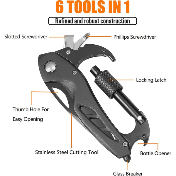 Locking Carabiner Camping Multi Tool, Present för män, 6 i 1 Edc Carabiner Nyckelring med Flasköppnare