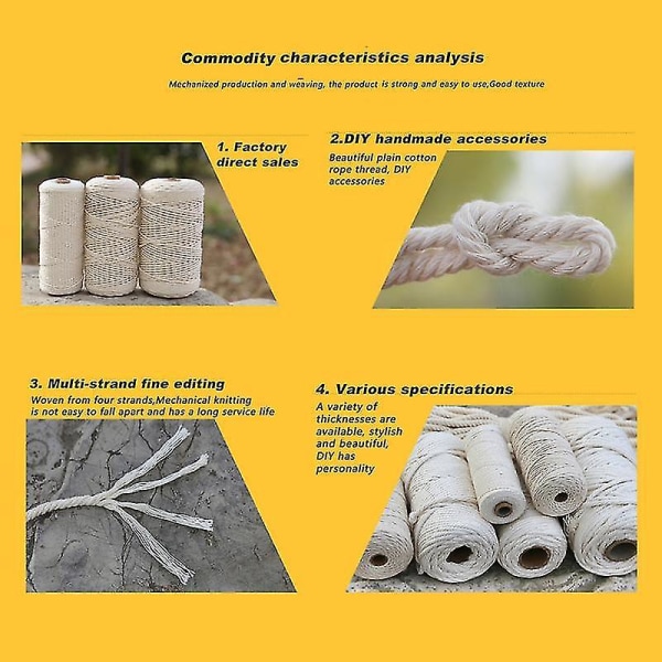 Makrame sladd 6 mm Naturlig bomull Tvinnad Macrame Rep String Gör själv hantverk Stickning Tillverkning Växthängare Vägghängare