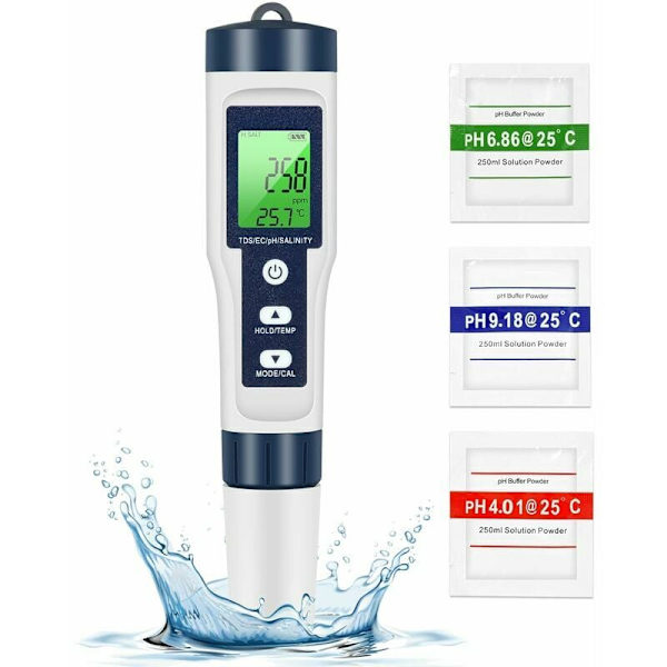 PH TDS-mätare, 5 i 1 Vattenkvalitetstestare PH/TDS/EC/SEL/Temperatur TDS-mätare LCD med Grön Bakgrundsbelysning för Pool/Akvarium/Damm