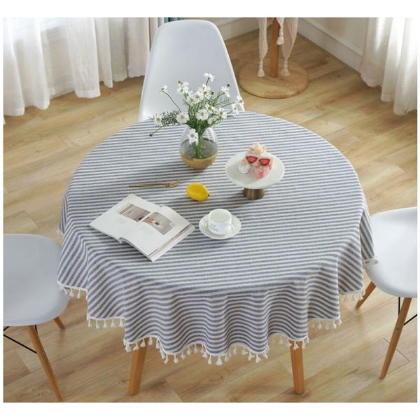Randig bomullslinneduk med fransar Blå ränder Picknickduk Dekorativ bakgrund Modern duk Diameter 120cm
