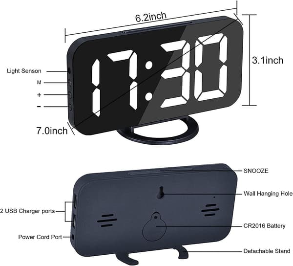 Digital väckarklocka, 2 USB-laddningsbar 7-tums digitalklocka - Blå