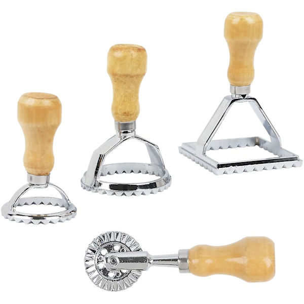 Trähandtag och räfflad pastapress, Wonton Cutter Set om 4, med konditorivaror