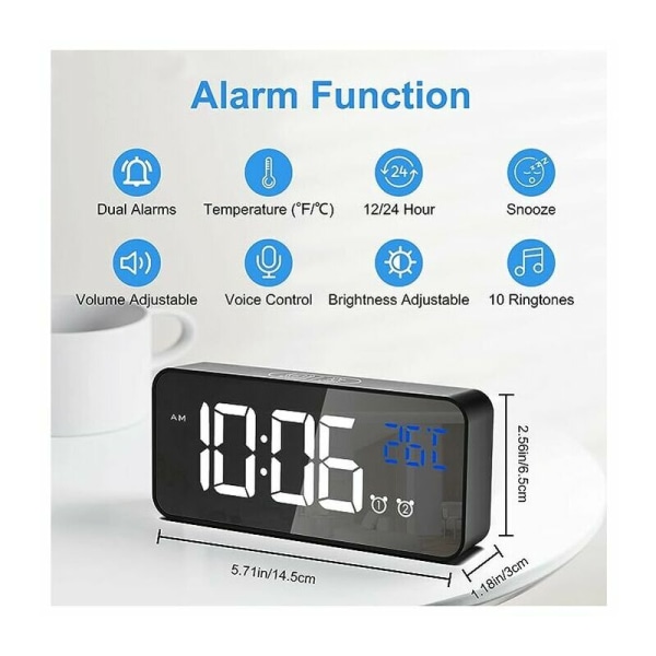 Digital väckarklocka, LED-digitalklocka Digital väckarklocka Temperatur/Snooze/2 Alarm/12/24 timmar/USB-laddningsport/10 musik