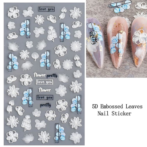Blomster Nagelsticker Dekaler 5d Hålgraverad Utsökt Mönster Nagelkonst Tillbehör Självhäftande Lyxig Nagelkonst Dekoration Vit Fjäder Spets Blomma Löv