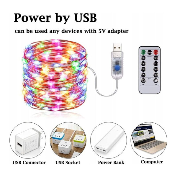 Ljusslingor fjärrkontroll koppartråd USB ljusslingor 10m 100 färgljus