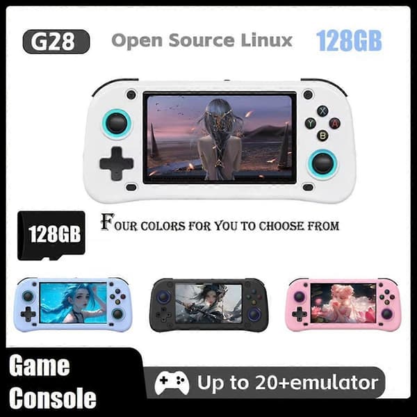 G28 Retro Bärbar Spelkonsol, 128GB, 4,3-tums HD-skärm, Linux-spelspelare, Stöder 20+ emulatorer, Rosa