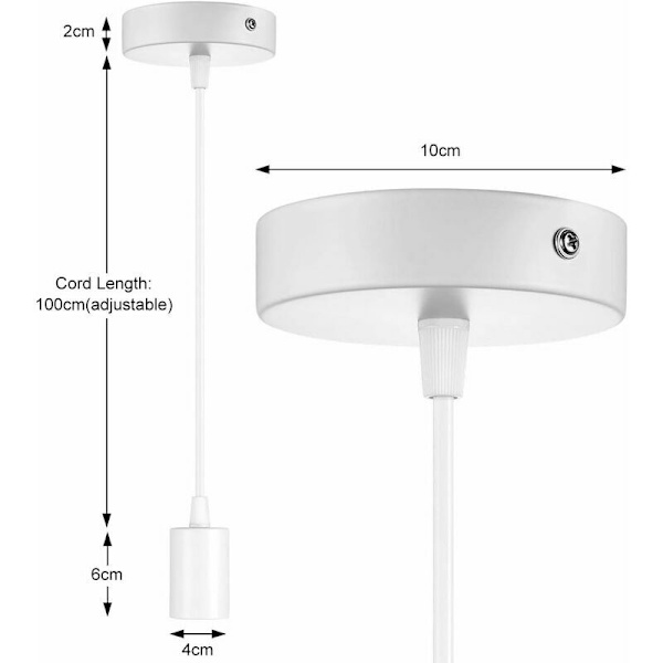Set med 2 metallhängande lampor E27-sockel med 100 cm kabel, gungsnöre, hängande snöre, vitt