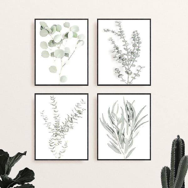 Botaniska väggkonsttryck - Set med 4 väggdekorationer med växter, blommor, blad, köksblommor, blad, väggkonst, boho-blad, eukalyptus (oramad) (8x10)