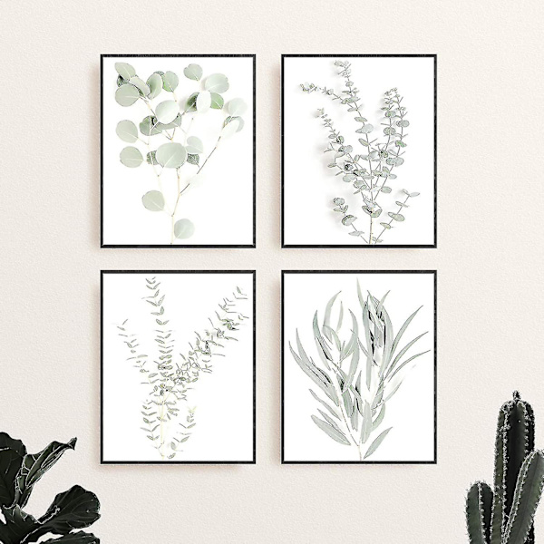 Botaniska växter Väggkonsttryck - Set med 4 växtväggdekorationer Blommor Köksblommor Väggkonst Boho Leaf Eucalyptus (oinramad) (8x10)