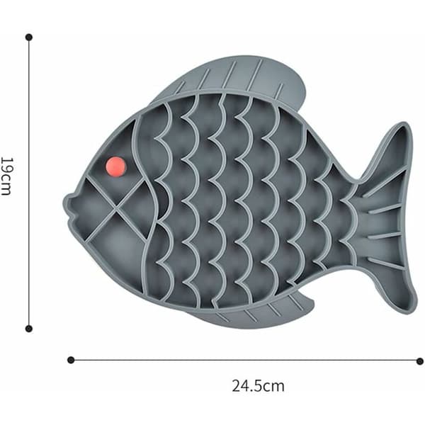Foderplade til langsom spisning til kæledyr, slikkeplade til katte, langsomt foderapparat, fremstillet af ikke-giftig fiskeformet sikkerhedssilikone, egnet til katte og hunde (grå fiskeform)