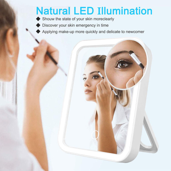 Bærbart LED makeup spejl med 3 justerbare lysindstillinger, 1x stort trådløst oplyst kosmetikspejl til rejser