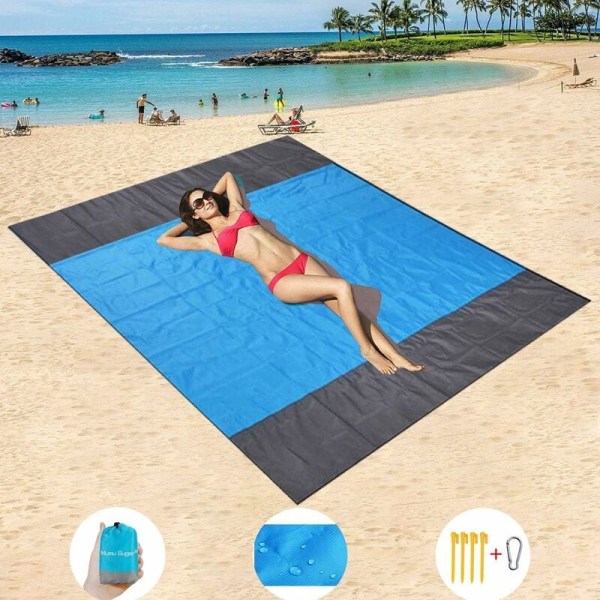 Strandmatta, extra stor?? 200 cm x 210 cm vattentät anti-sand picknickfilt, maskintvättbar nylon med 4 stolpar (blå 2)
